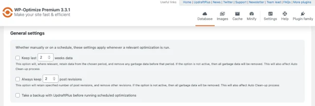 WP-Optimize general settings