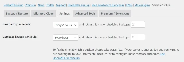 A screenshot of the UpdraftPlus free schedule settings in WordPress