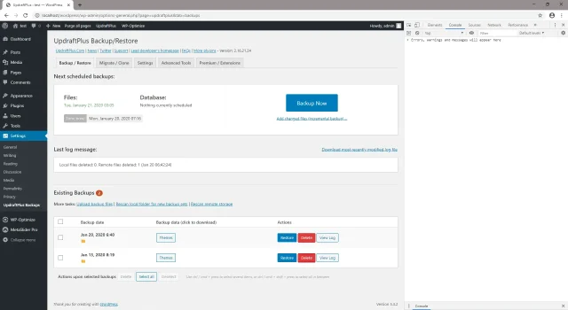 Opening UpdraftPlus  browser developer tools in google chrome