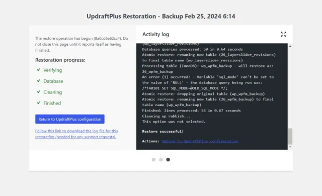 Confirmation message showing a backup has been restored UpdraftPlus