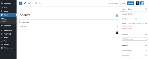 Add shortcode to website contact page