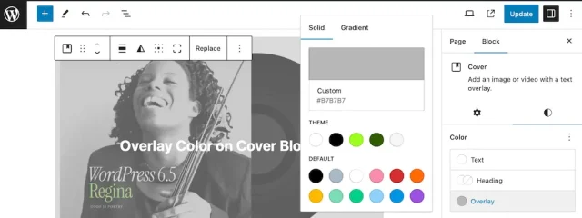 Example of overlaying colour on colour bloakc in WordPress 6.5