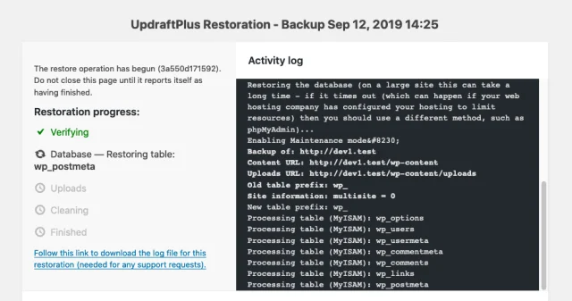 Restoration activity log