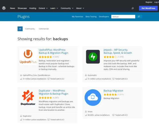 Screenshot of backup plugin results in WordPress directory