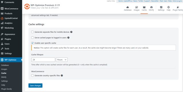 User specific cache in WP-Optimize plugin