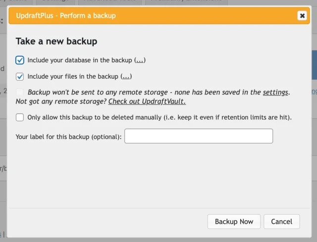 Perform a new backup UpdraftPlus