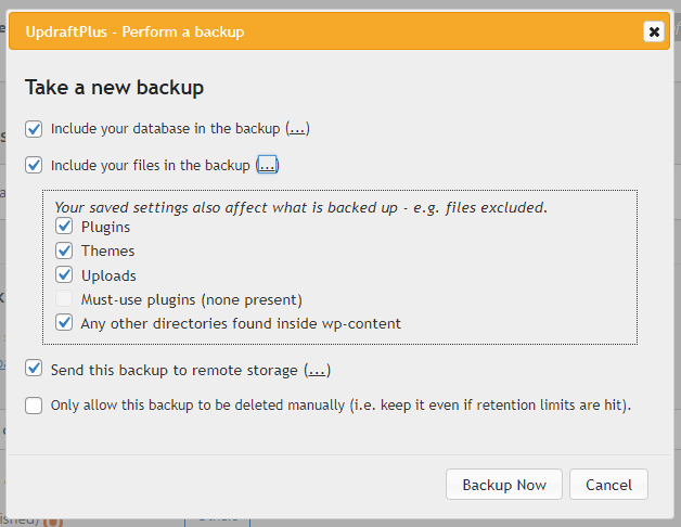 Take a new backup dialogue