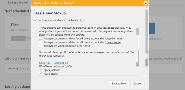 Choose database backup options