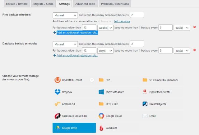 Additional retention rules UpdraftPlus